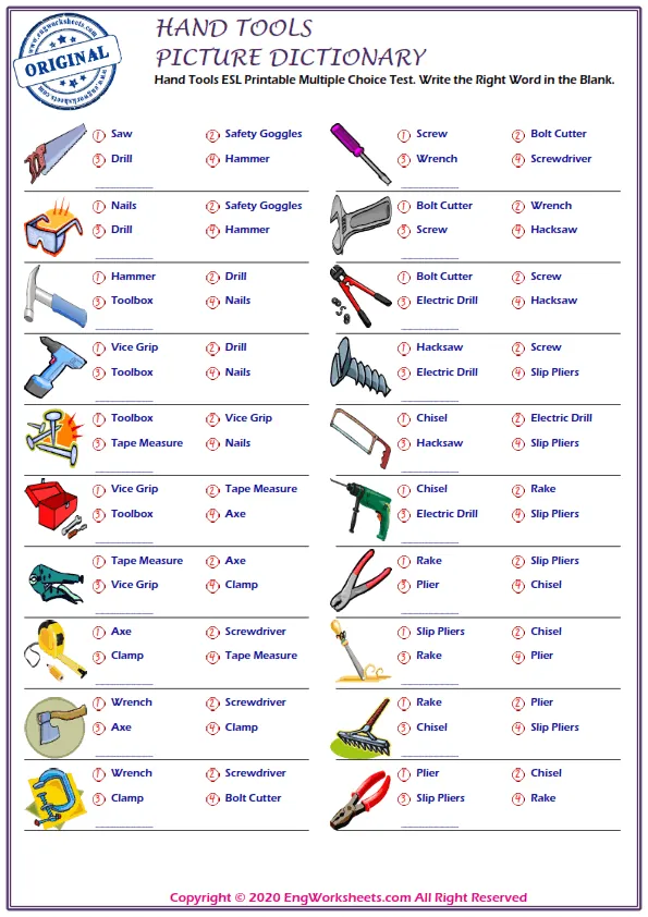 Hand Tools ESL Printable Multiple Choice Test. Write the Right Word in the Blank. Worksheet Preview