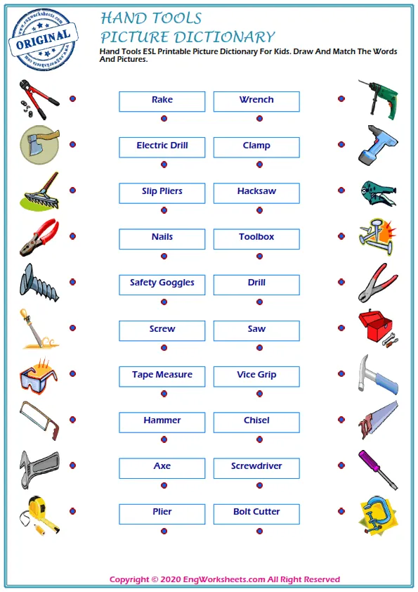 Hand Tools ESL Printable Picture Dictionary For Kids. Draw And Match The Words And Pictures. Worksheet Preview