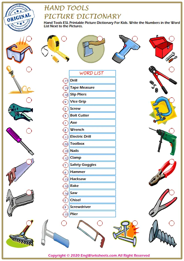 Hand Tools ESL Printable Picture Dictionary For Kids. Write the Numbers in the Word List Next to the Pictures. Worksheet Preview