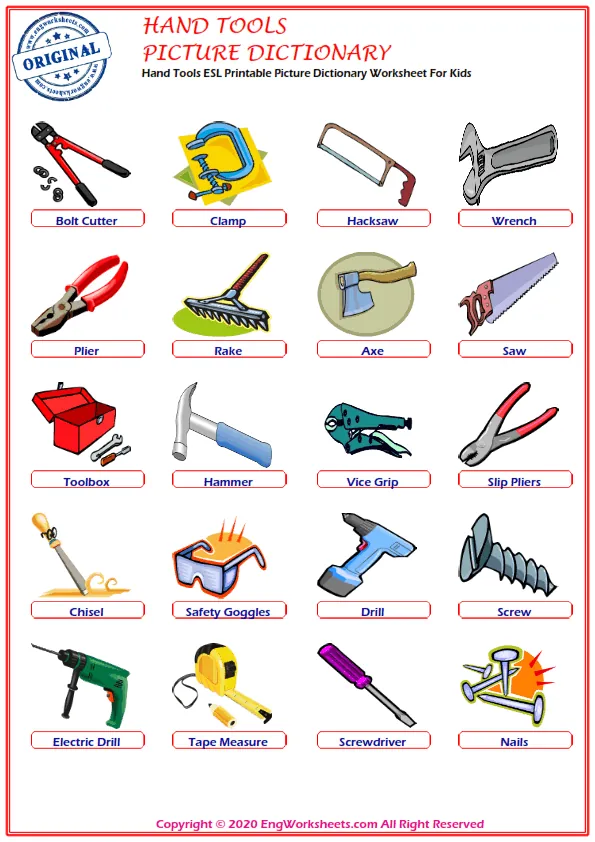 Hand Tools ESL Printable Picture Dictionary Worksheet For Kids Worksheet Preview