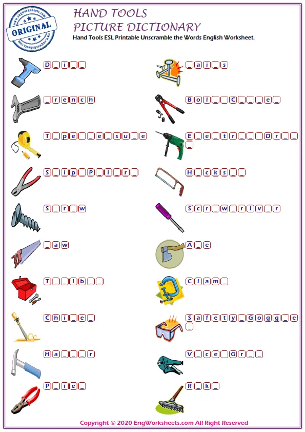 Hand Tools ESL Printable Unscramble the Words English Worksheet. Worksheet Preview