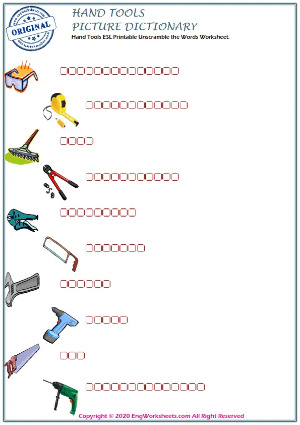 Hand Tools ESL Printable Unscramble the Words Worksheet. Worksheet Preview