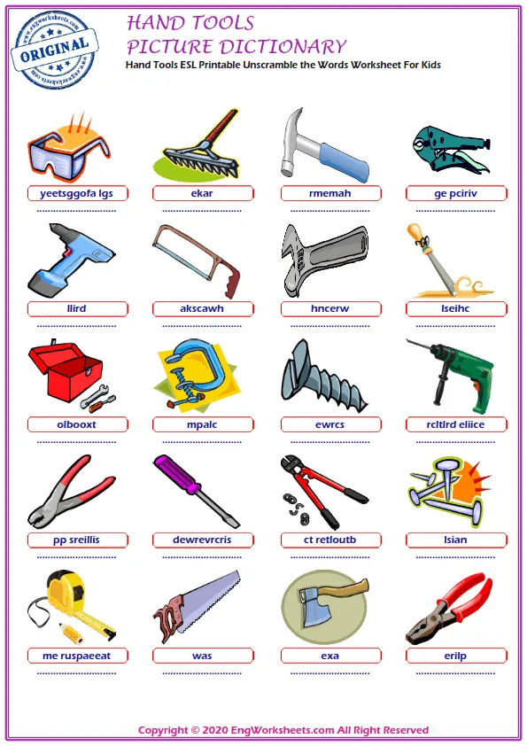 Hand Tools ESL Printable Unscramble the Words Worksheet For Kids Worksheet Preview