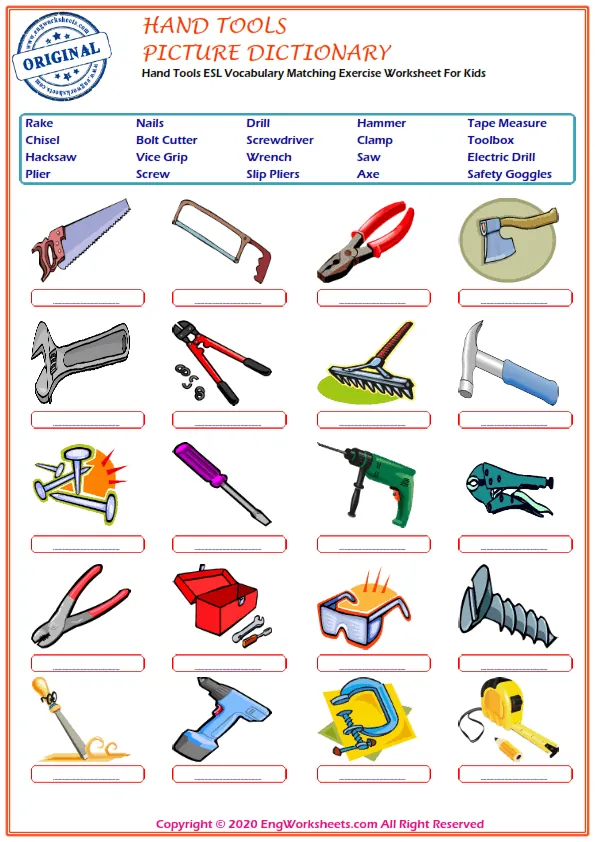 Hand Tools ESL Vocabulary Matching Exercise Worksheet For Kids Worksheet Preview