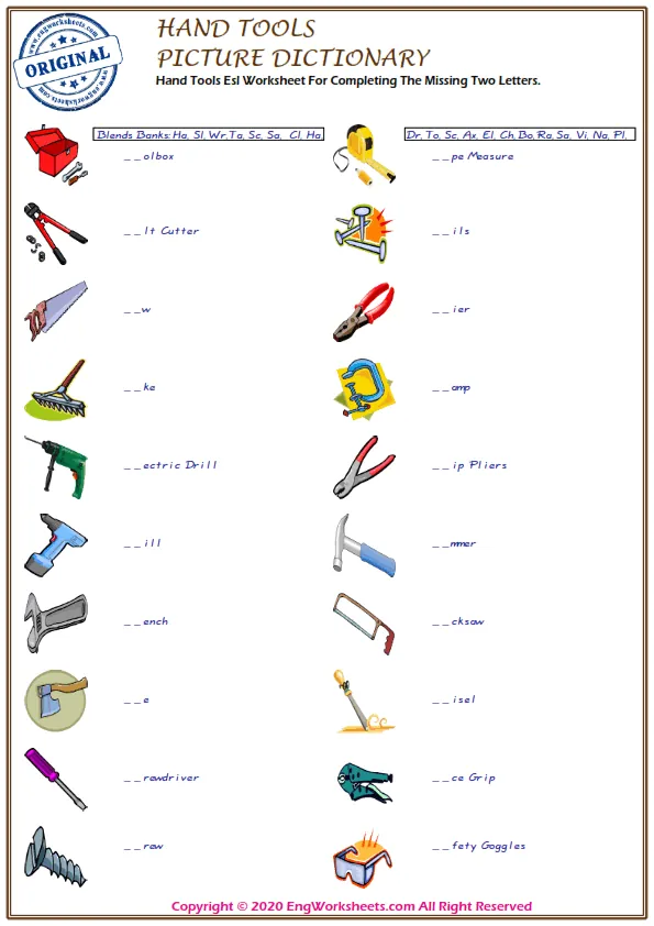 Hand Tools Esl Worksheet For Completing The Missing Two Letters. Worksheet Preview