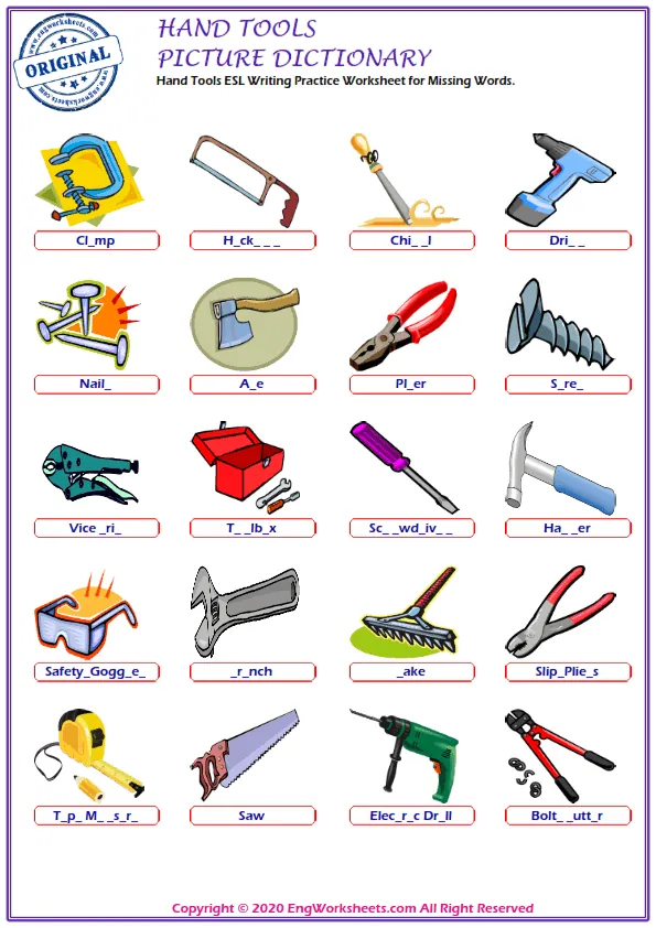Hand Tools ESL Writing Practice Worksheet for Missing Words. Worksheet Preview
