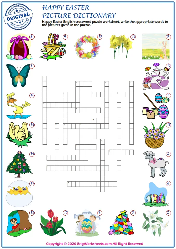 Happy Easter English crossword puzzle worksheet, write the appropriate words to the pictures given in the puzzle. Worksheet Preview