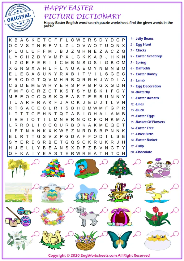 Happy Easter English word search puzzle worksheet, find the given words in the puzzle. Worksheet Preview