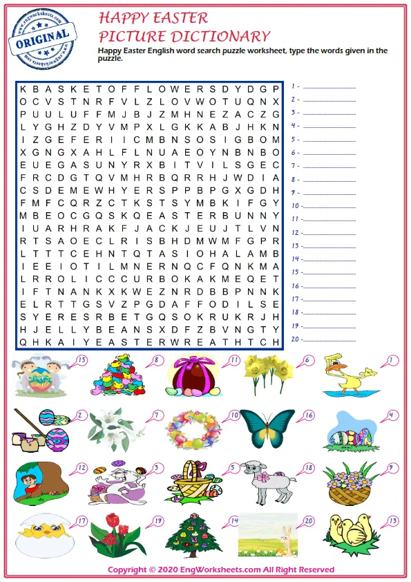 Happy Easter English word search puzzle worksheet, type the words given in the puzzle. Worksheet Preview