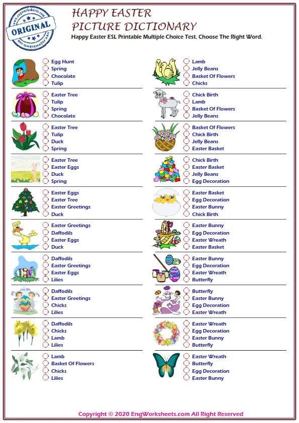 Happy Easter ESL Printable Multiple Choice Test. Choose The Right Word. Worksheet Preview