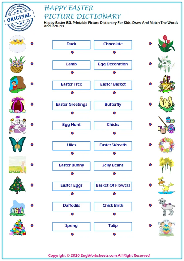 Happy Easter ESL Printable Picture Dictionary For Kids. Draw And Match The Words And Pictures. Worksheet Preview