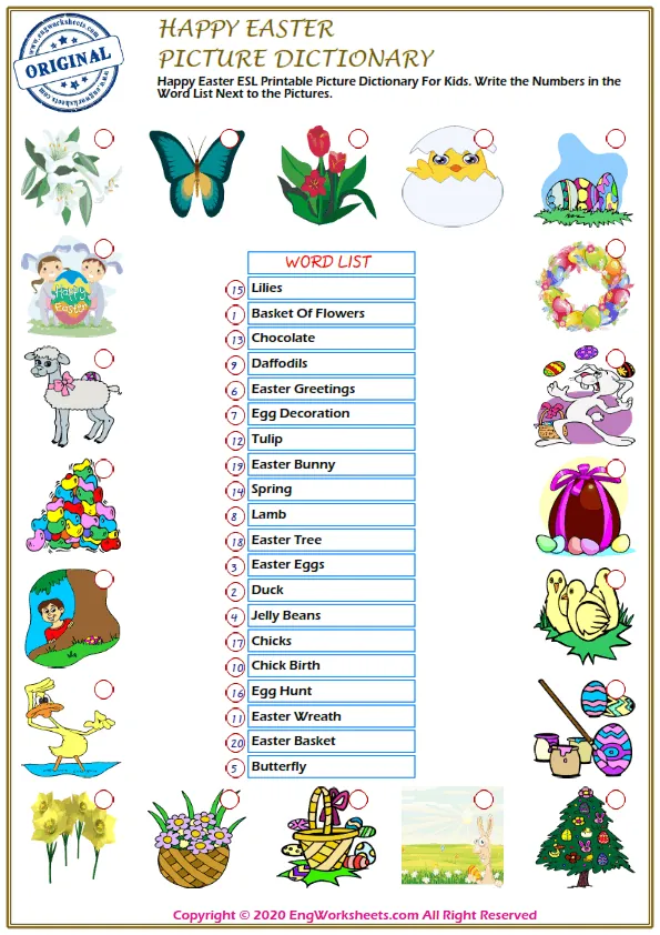 Happy Easter ESL Printable Picture Dictionary For Kids. Write the Numbers in the Word List Next to the Pictures. Worksheet Preview