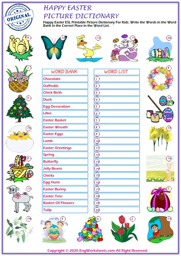 Happy Easter ESL Printable Picture Dictionary For Kids. Write the Words in the Word Bank in the Correct Place in the Word List. Worksheet Preview