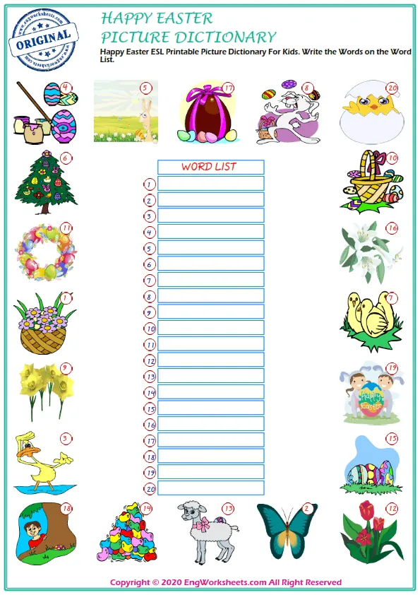 Happy Easter ESL Printable Picture Dictionary For Kids. Write the Words on the Word List. Worksheet Preview