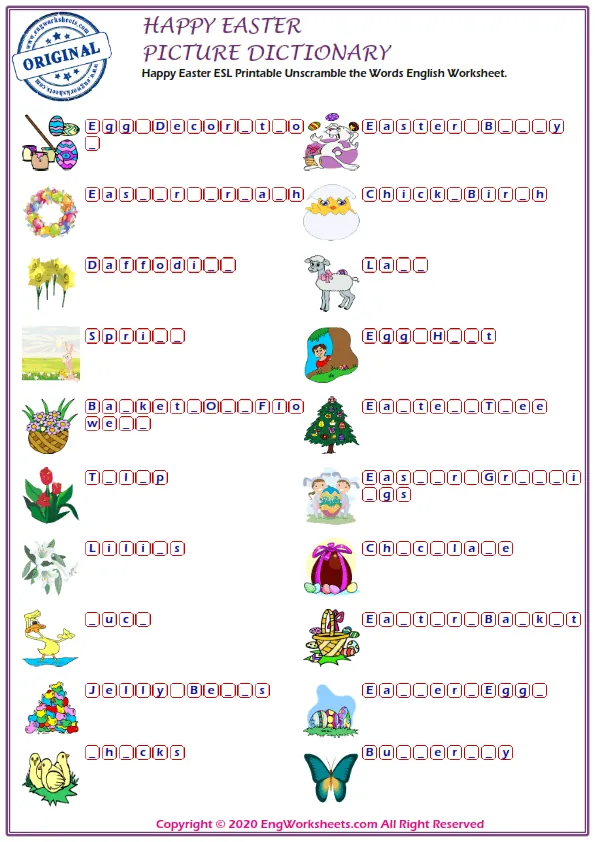 Happy Easter ESL Printable Unscramble the Words English Worksheet. Worksheet Preview