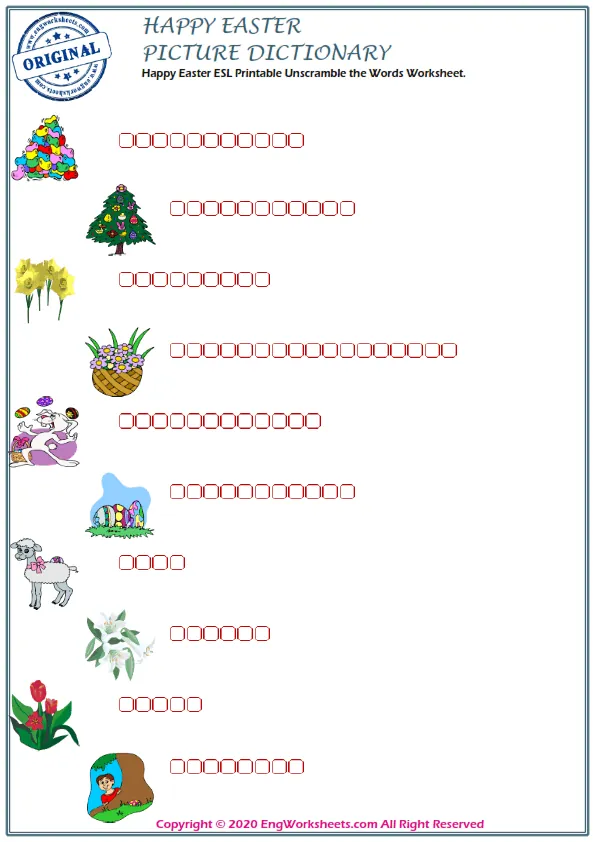 Happy Easter ESL Printable Unscramble the Words Worksheet.