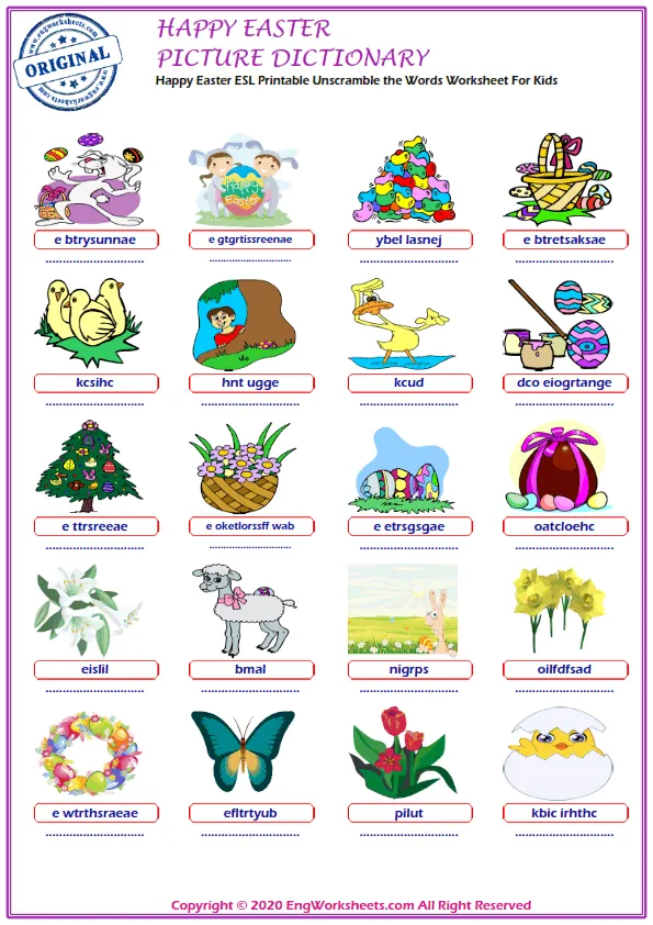Happy Easter ESL Printable Unscramble the Words Worksheet For Kids Worksheet Preview