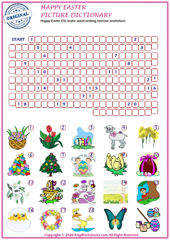 Happy Easter ESL snake word writing exercise worksheet. Worksheet Preview