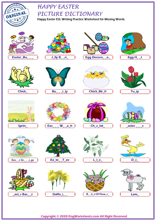 Happy Easter ESL Writing Practice Worksheet for Missing Words. Worksheet Preview