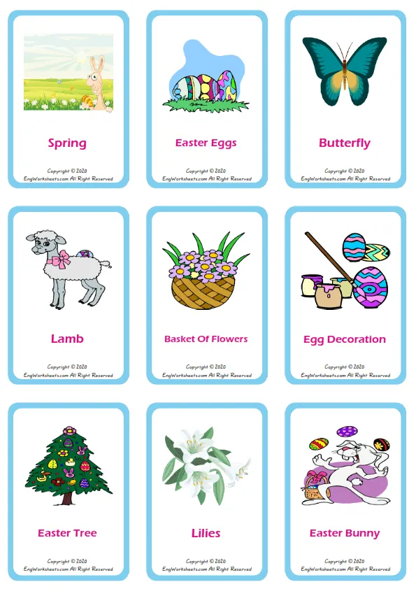 Happy Easter vocabulary worksheet with words, nine images per page