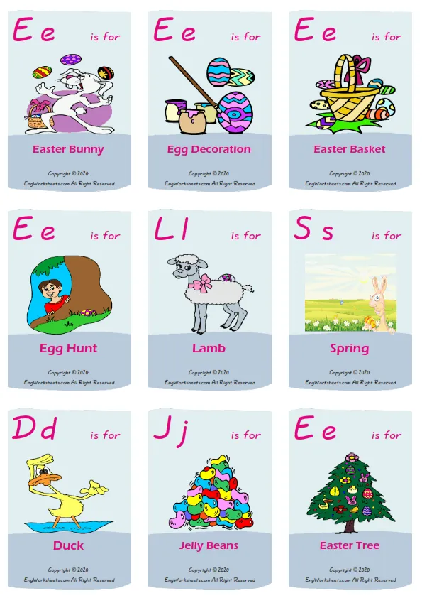 Happy Easter vocabulary worksheet with words, nine images per page