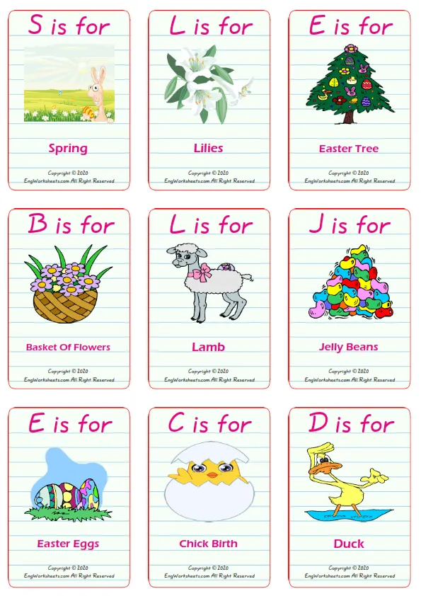 Happy Easter vocabulary worksheet with words, nine images per page