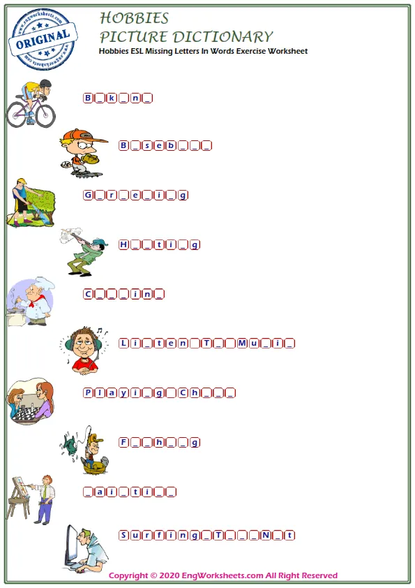 Hobbies ESL Missing Letters In Words Exercise Worksheet Worksheet Preview