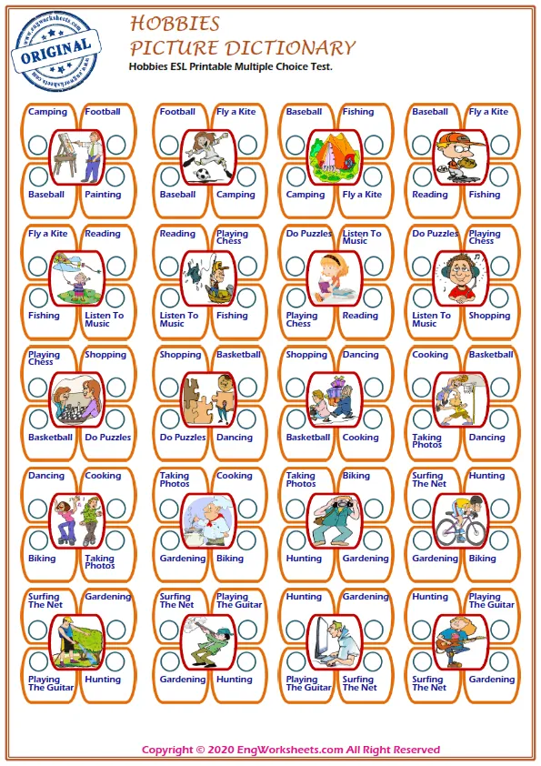 Hobbies ESL Printable Multiple Choice Test.