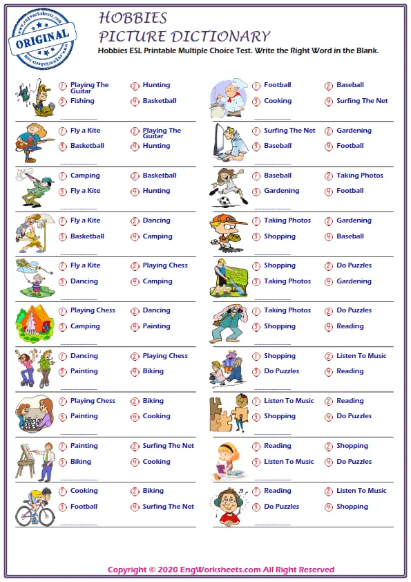 Hobbies ESL Printable Multiple Choice Test. Write the Right Word in the Blank. Worksheet Preview