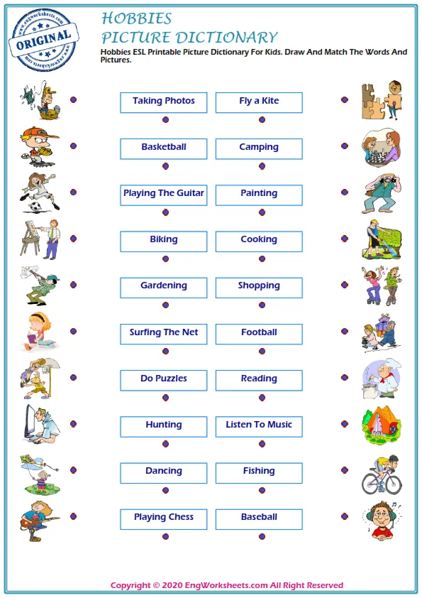 Hobbies ESL Printable Picture Dictionary For Kids. Draw And Match The Words And Pictures. Worksheet Preview