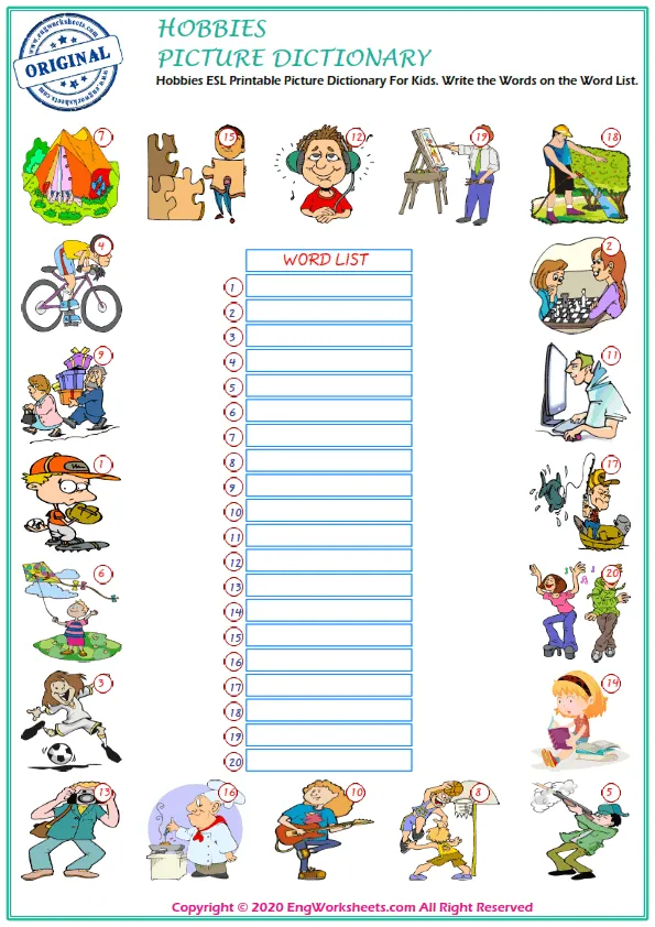 Hobbies ESL Printable Picture Dictionary For Kids. Write the Words on the Word List. Worksheet Preview
