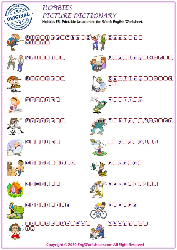Hobbies ESL Printable Unscramble the Words English Worksheet. Worksheet Preview