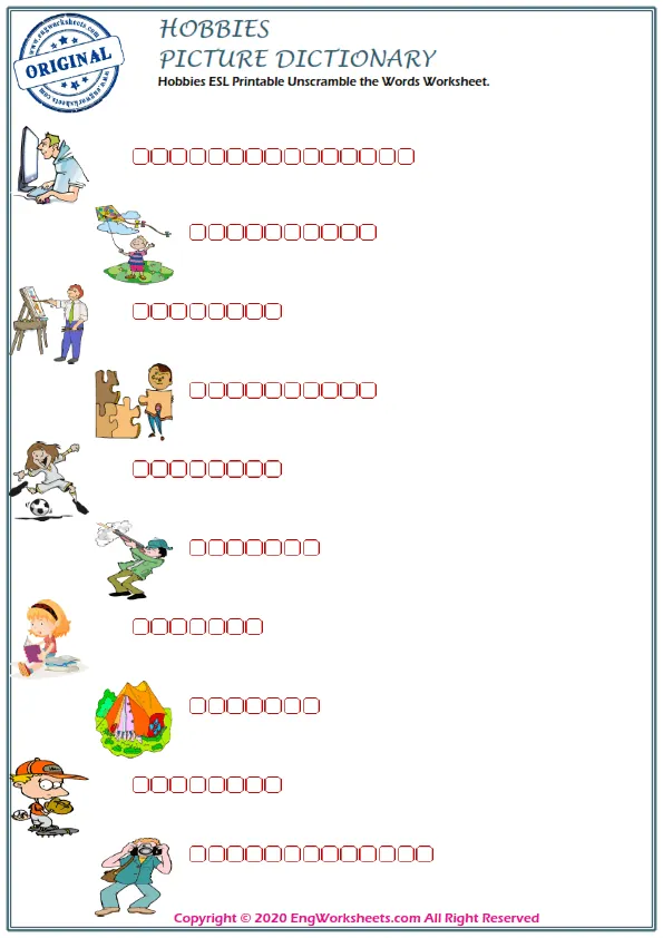 Hobbies ESL Printable Unscramble the Words Worksheet. Worksheet Preview
