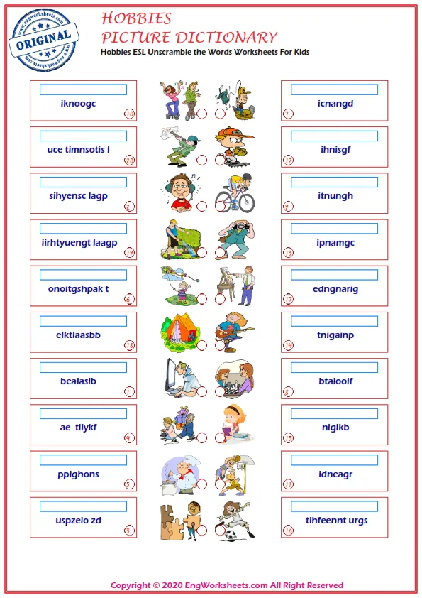 Hobbies ESL Unscramble the Words Worksheets For Kids Worksheet Preview