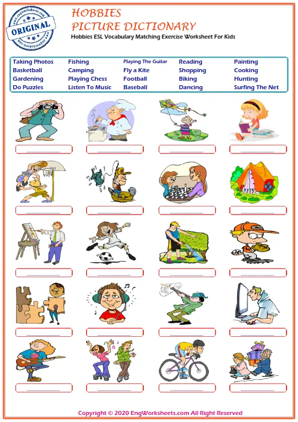 Hobbies ESL Vocabulary Matching Exercise Worksheet For Kids