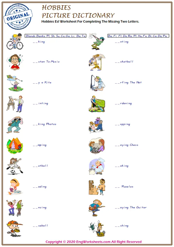 Hobbies Esl Worksheet For Completing The Missing Two Letters. Worksheet Preview
