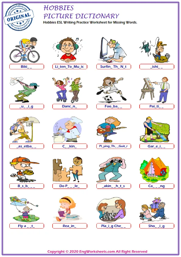 Hobbies ESL Writing Practice Worksheet for Missing Words. Worksheet Preview