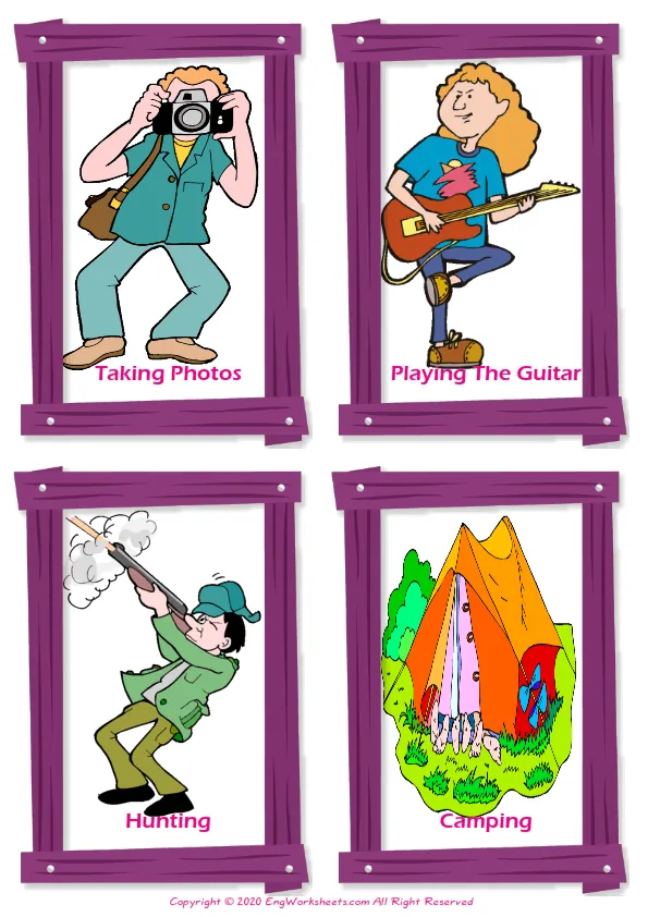 Hobbies vocabulary worksheet with words, four images per page Worksheet Preview