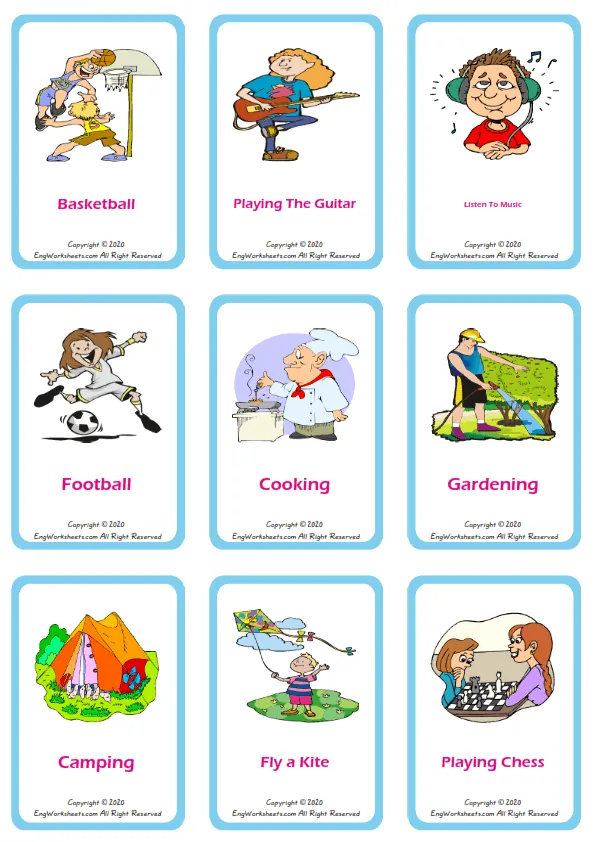Hobbies vocabulary worksheet with words, nine images per page Worksheet Preview
