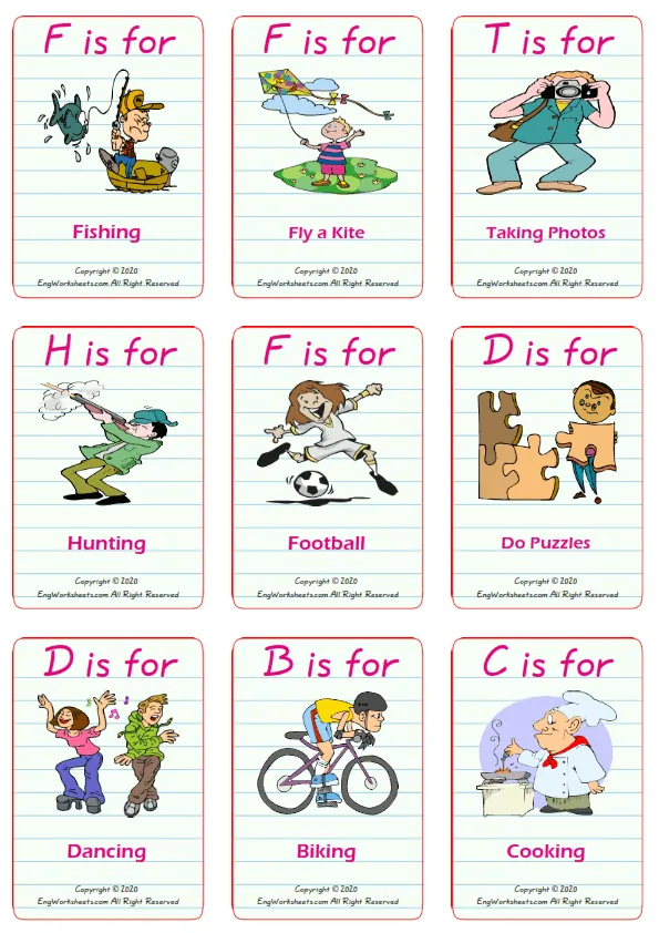 Hobbies vocabulary worksheet with words, nine images per page Worksheet Preview