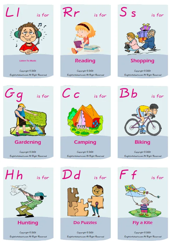 Hobbies vocabulary worksheet with words, nine images per page Worksheet Preview