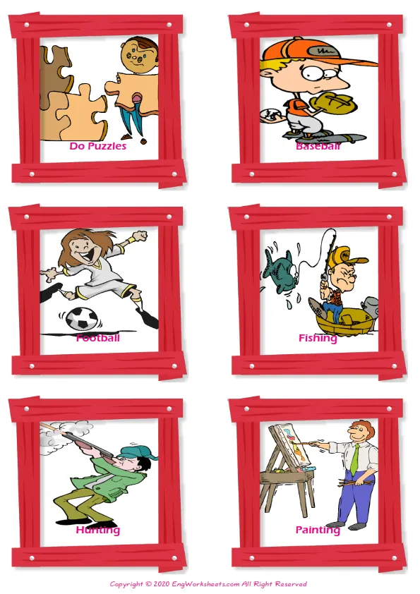 Hobbies vocabulary worksheet with words, six images per page Worksheet Preview