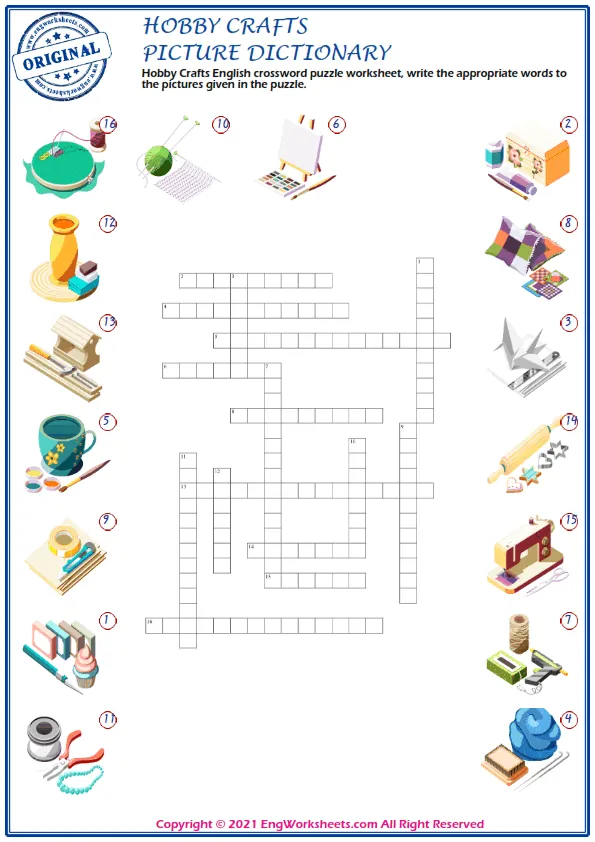 Hobby Crafts English crossword puzzle worksheet, write the appropriate words to the pictures given in the puzzle. Worksheet Preview