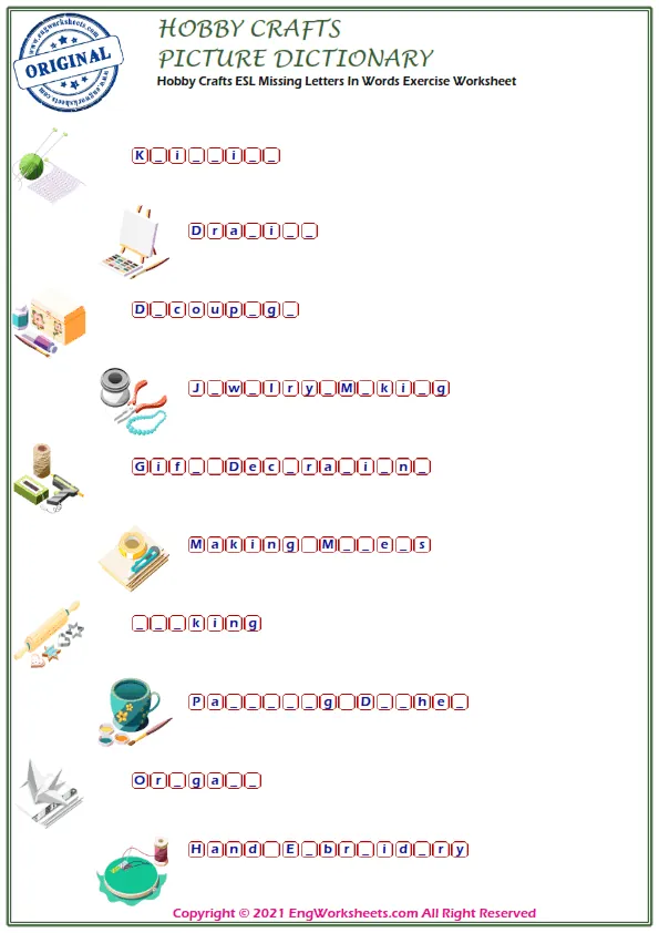 Hobby Crafts ESL Missing Letters In Words Exercise Worksheet Worksheet Preview