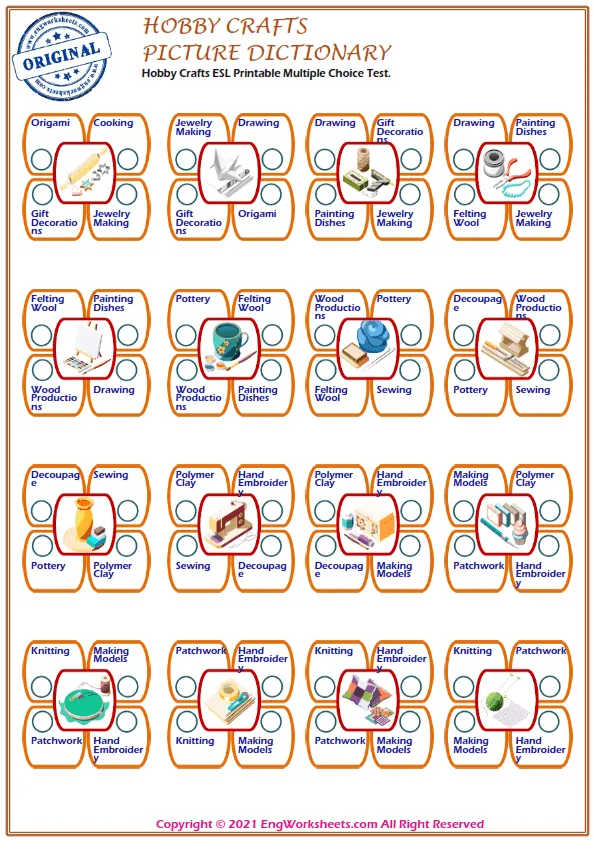 Hobby Crafts ESL Printable Multiple Choice Test. Worksheet Preview