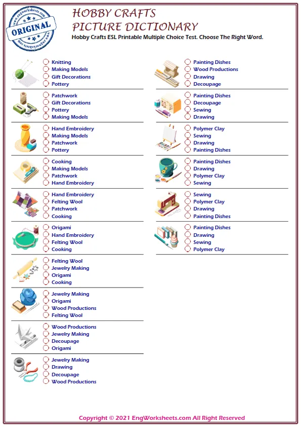 Hobby Crafts ESL Printable Multiple Choice Test. Choose The Right Word. Worksheet Preview