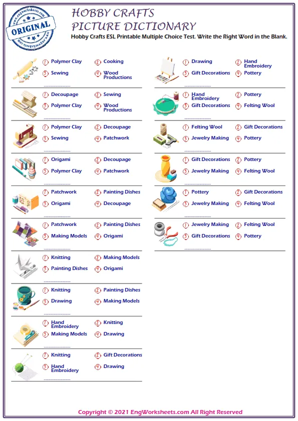 Hobby Crafts ESL Printable Multiple Choice Test. Write the Right Word in the Blank. Worksheet Preview