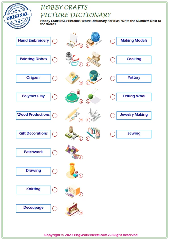 Hobby Crafts ESL Printable Picture Dictionary For Kids. Write the Numbers Next to the Words. Worksheet Preview