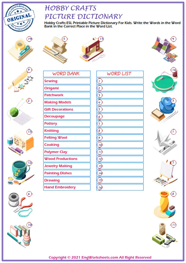 Hobby Crafts ESL Printable Picture Dictionary For Kids. Write the Words in the Word Bank in the Correct Place in the Word List. Worksheet Preview