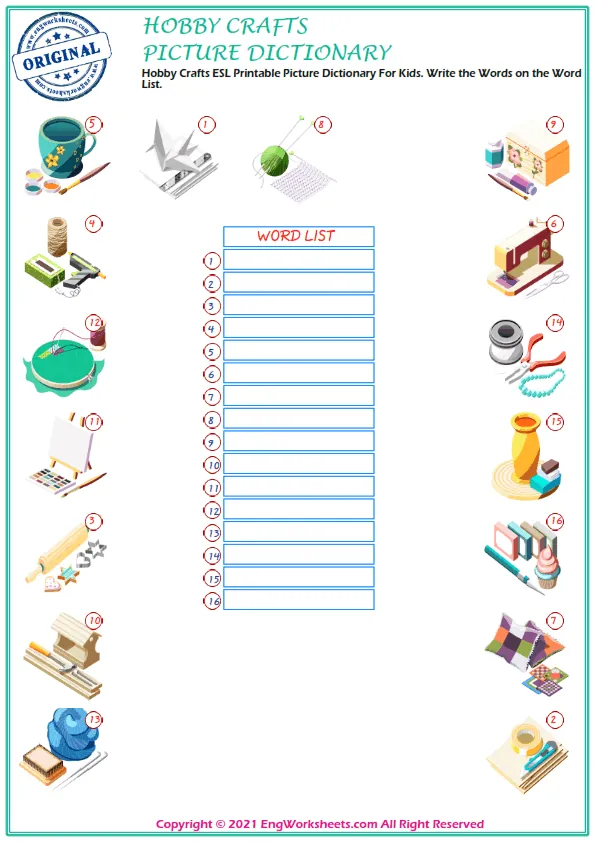 Hobby Crafts ESL Printable Picture Dictionary For Kids. Write the Words on the Word List. Worksheet Preview